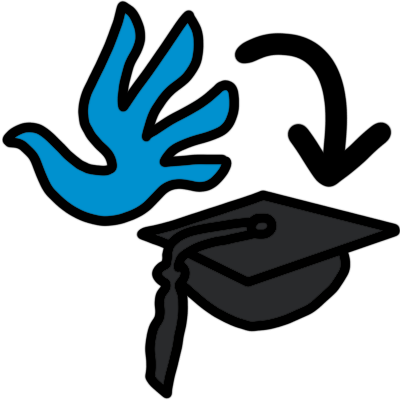 the human rights emblem (a blue handprint shaped like a dove) with a curved black arrow pointing from it to a black mortarboard (graduation cap).